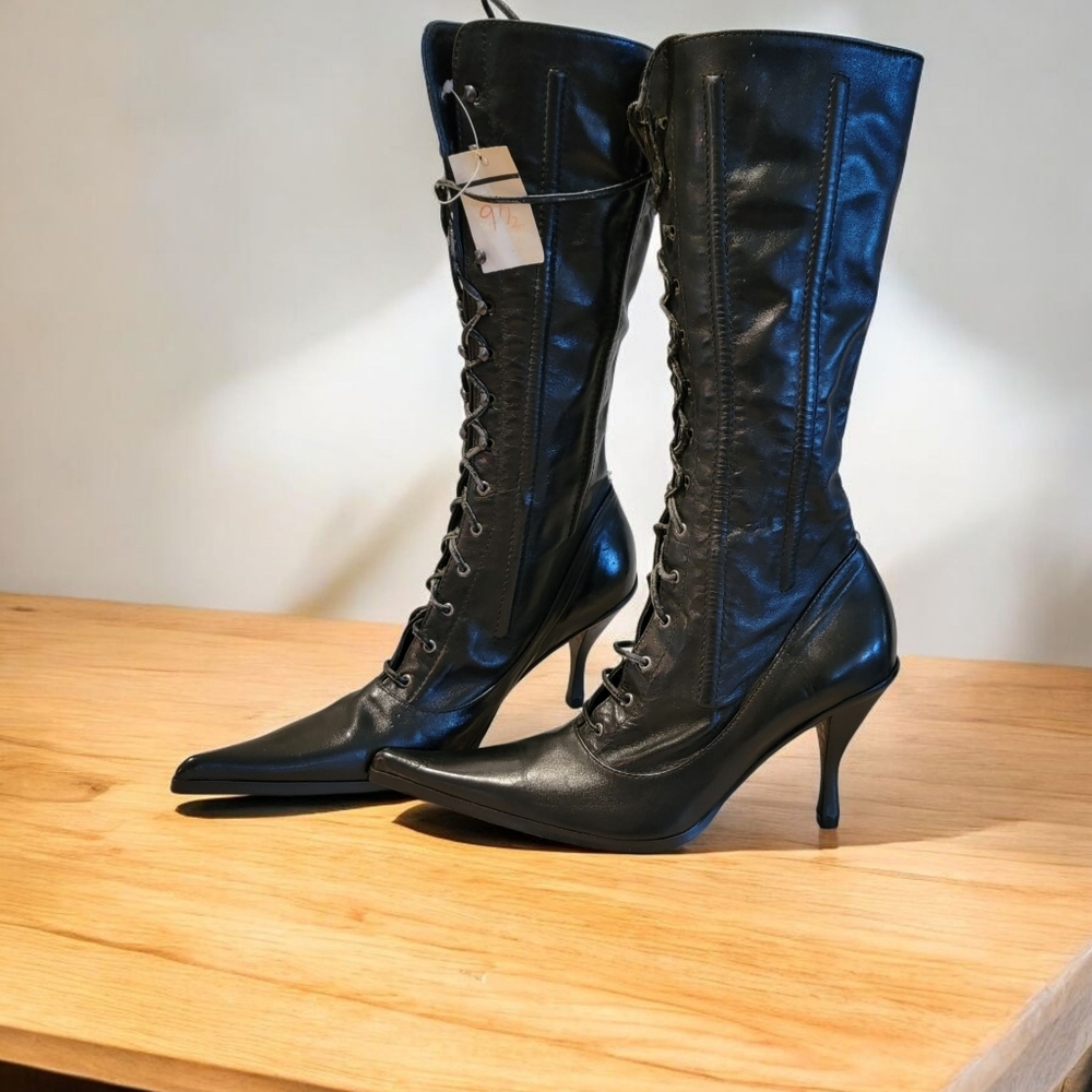 Enzo Angiolini Black Lace-Up Pointed-Toe Stiletto Boots